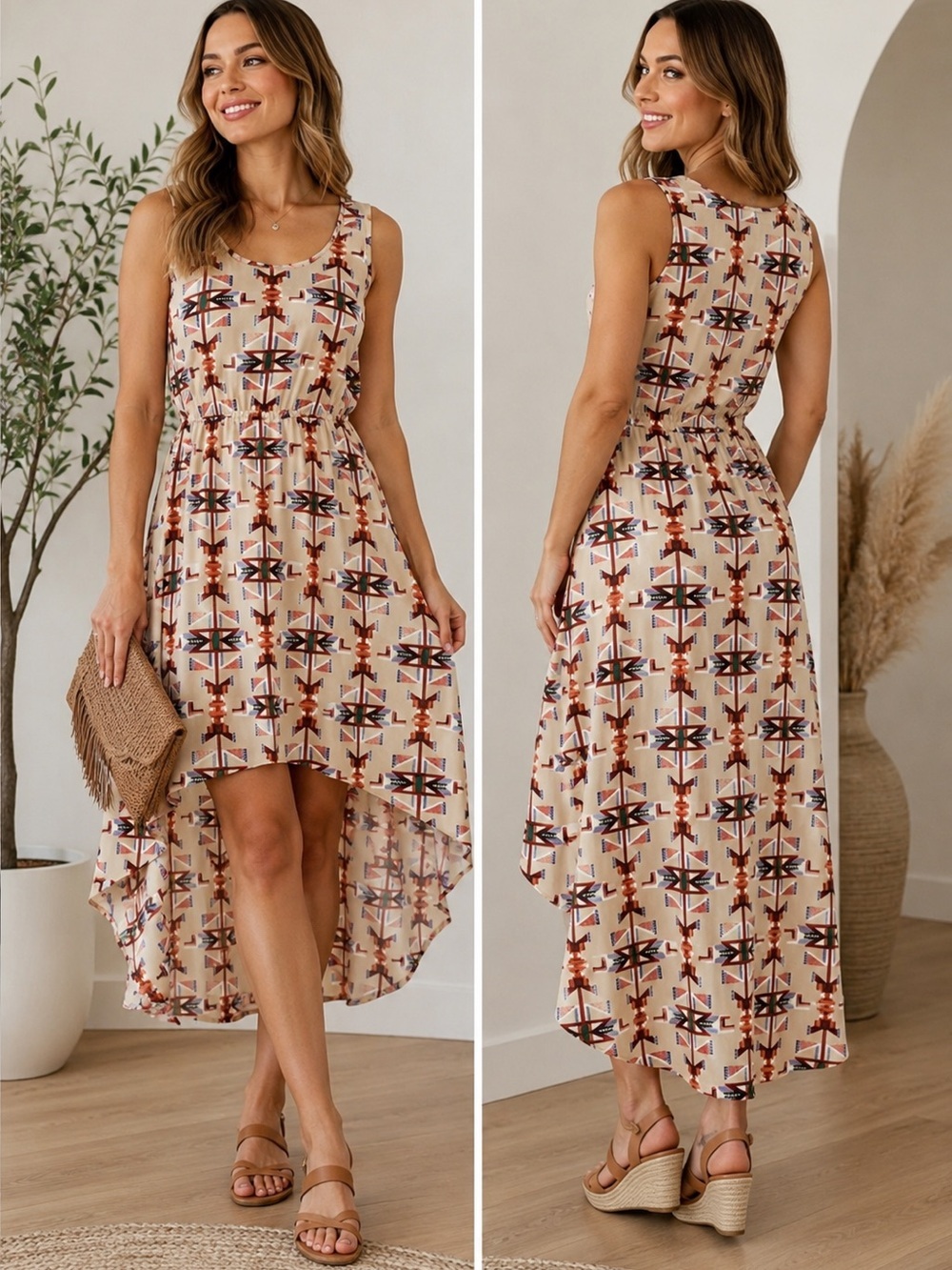 𝅺MAX C London beige geometric Aztec print sleeveless high low dress sz S
